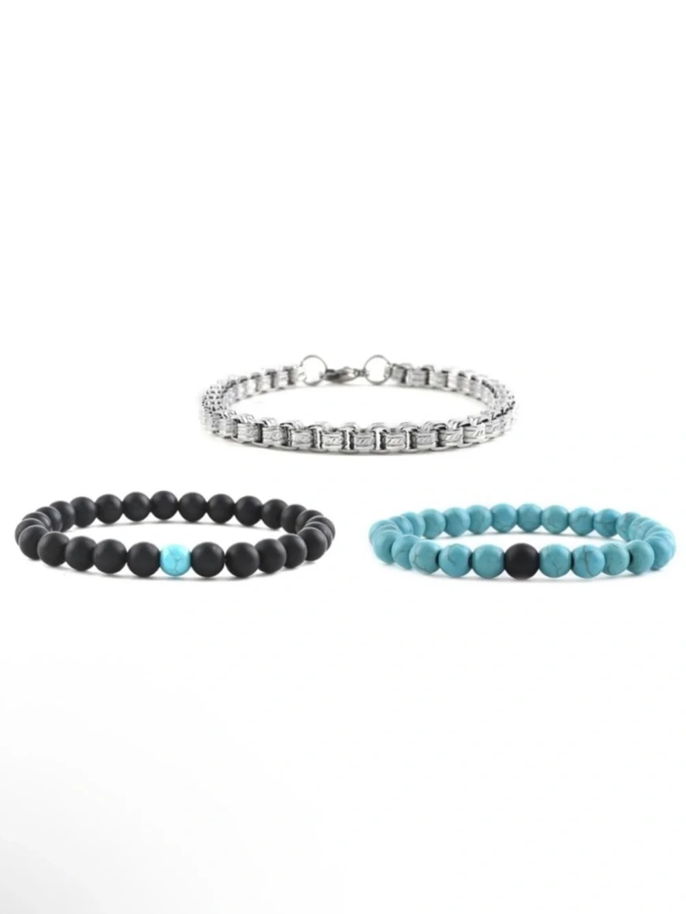 Turquoise, Lava, and Box Chain Stretch Bracelet (3) Piece Set